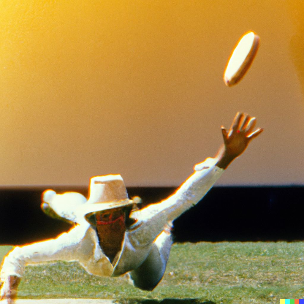 Action photograph of a cricket match where a player dives to catch a meat pie while wearing an akubra hat, overhead sunlight in 1976
