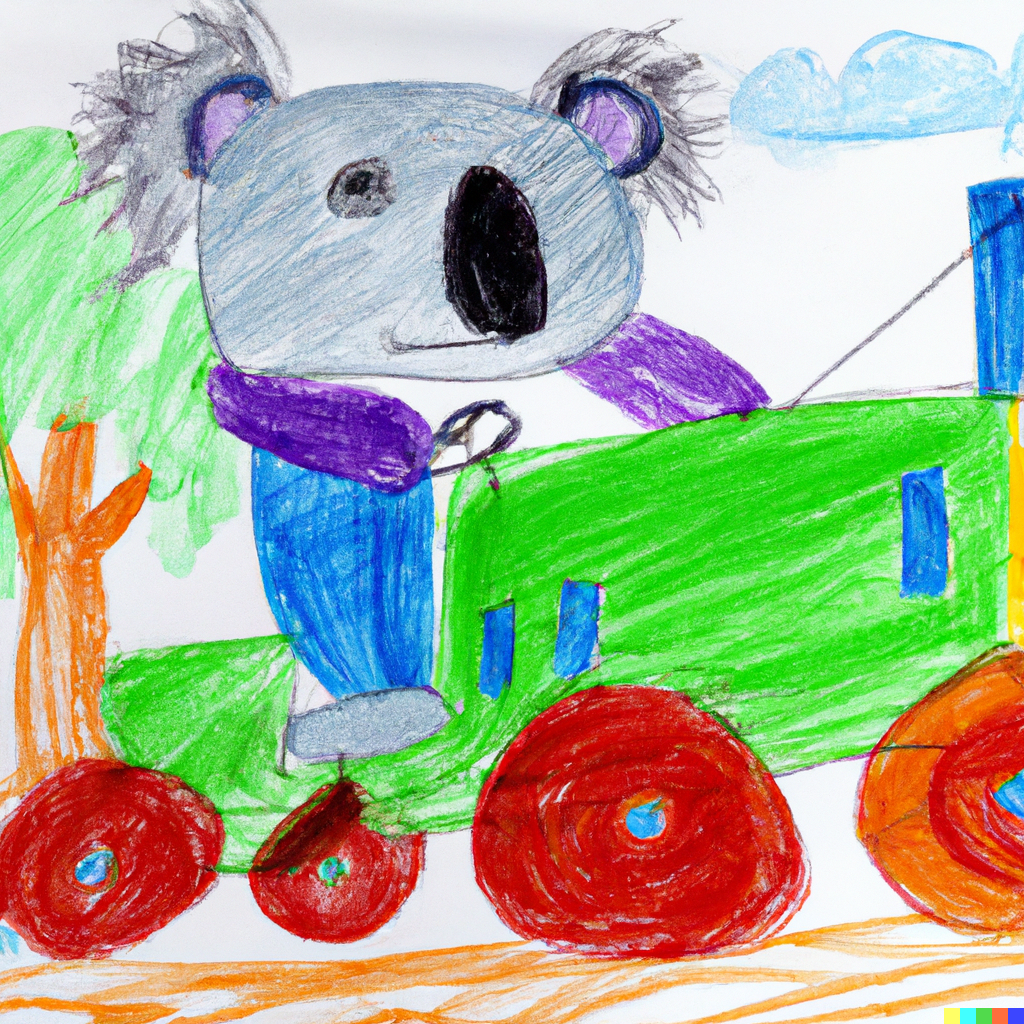 A koala driving a bulldozer into a house, colourful childs drawing in crayon
