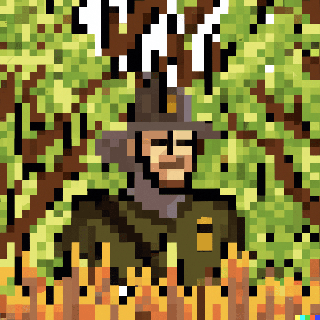 Ned Kelly wearing armour in the australian bush, pixel art