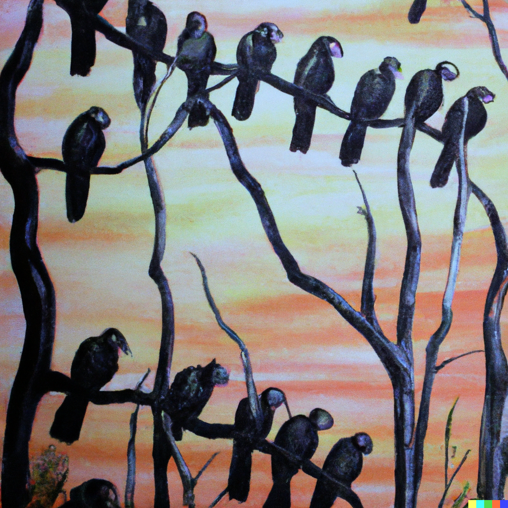 20 black cockatoos perched on a long tree branch, in the style of Sidney Nolan