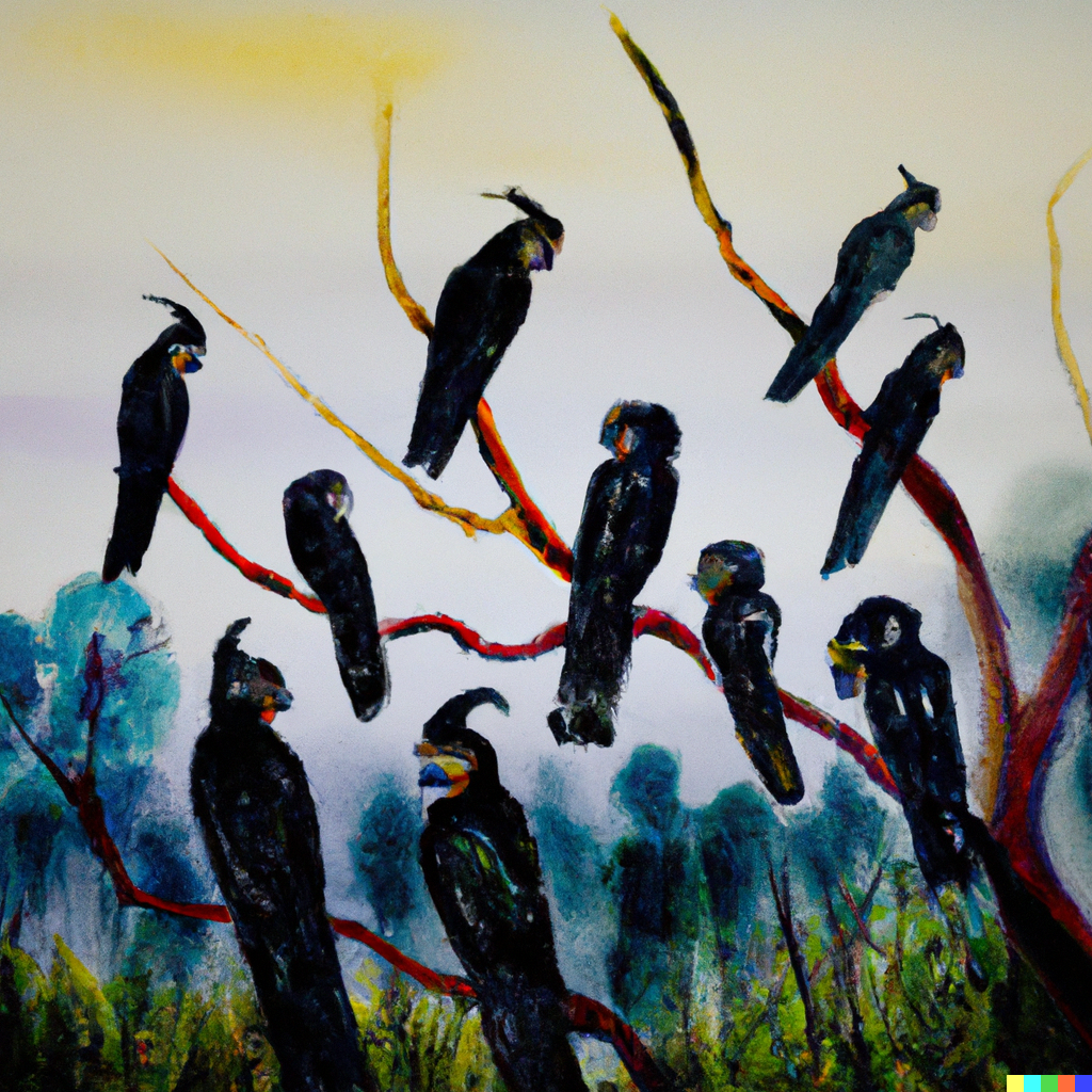 20 black cockatoos perched on a long tree branch, in the style of Sidney Nolan