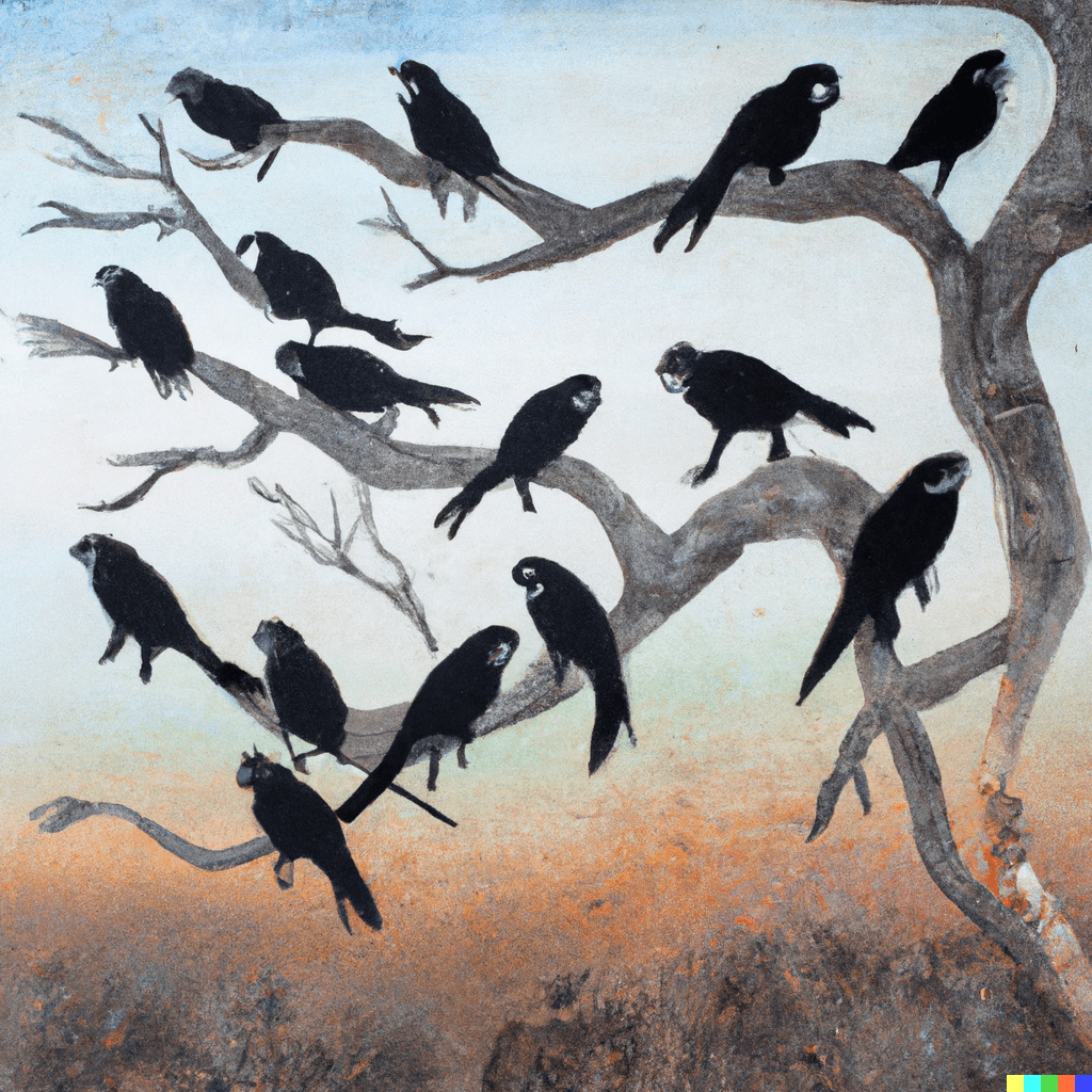20 black cockatoos perched on a long tree branch, in the style of Sidney Nolan