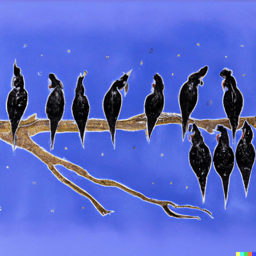 20 black cockatoos perched on a long tree branch, in the style of Sidney Nolan