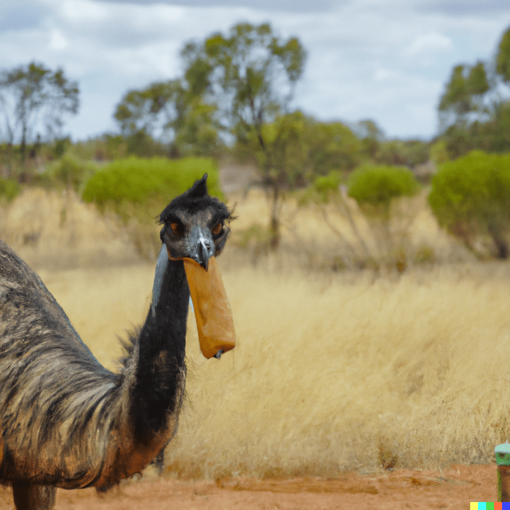 An emu eating a chiko roll in the australian outback