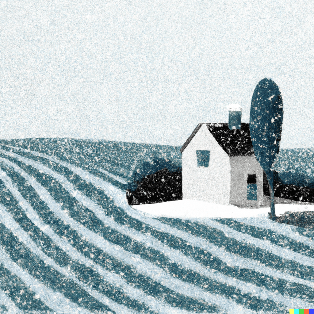 Snow falling on a cottage in a vast meadow, style of studio ghibli