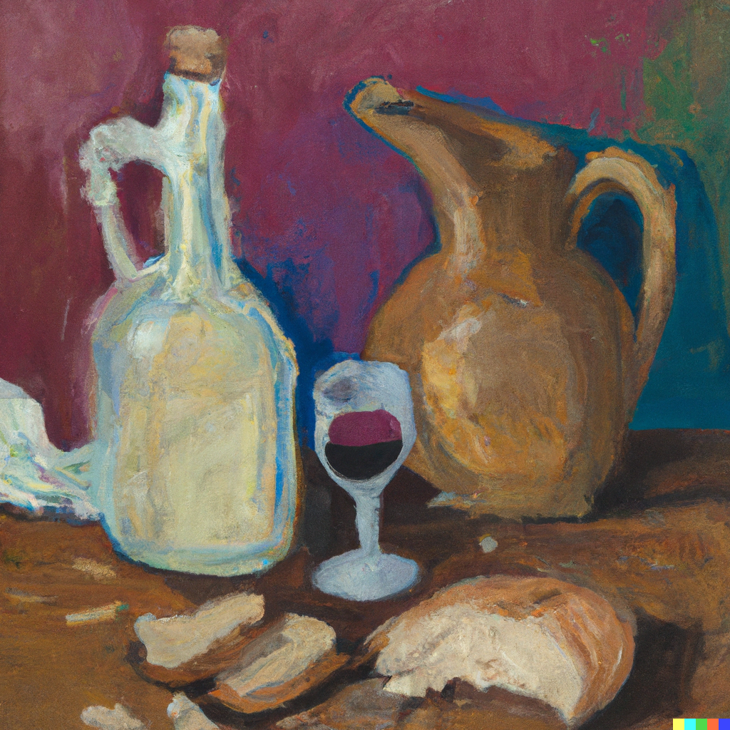 A jug of wine and a bottle of bread on a messy table, whimsical 1960s oil painting