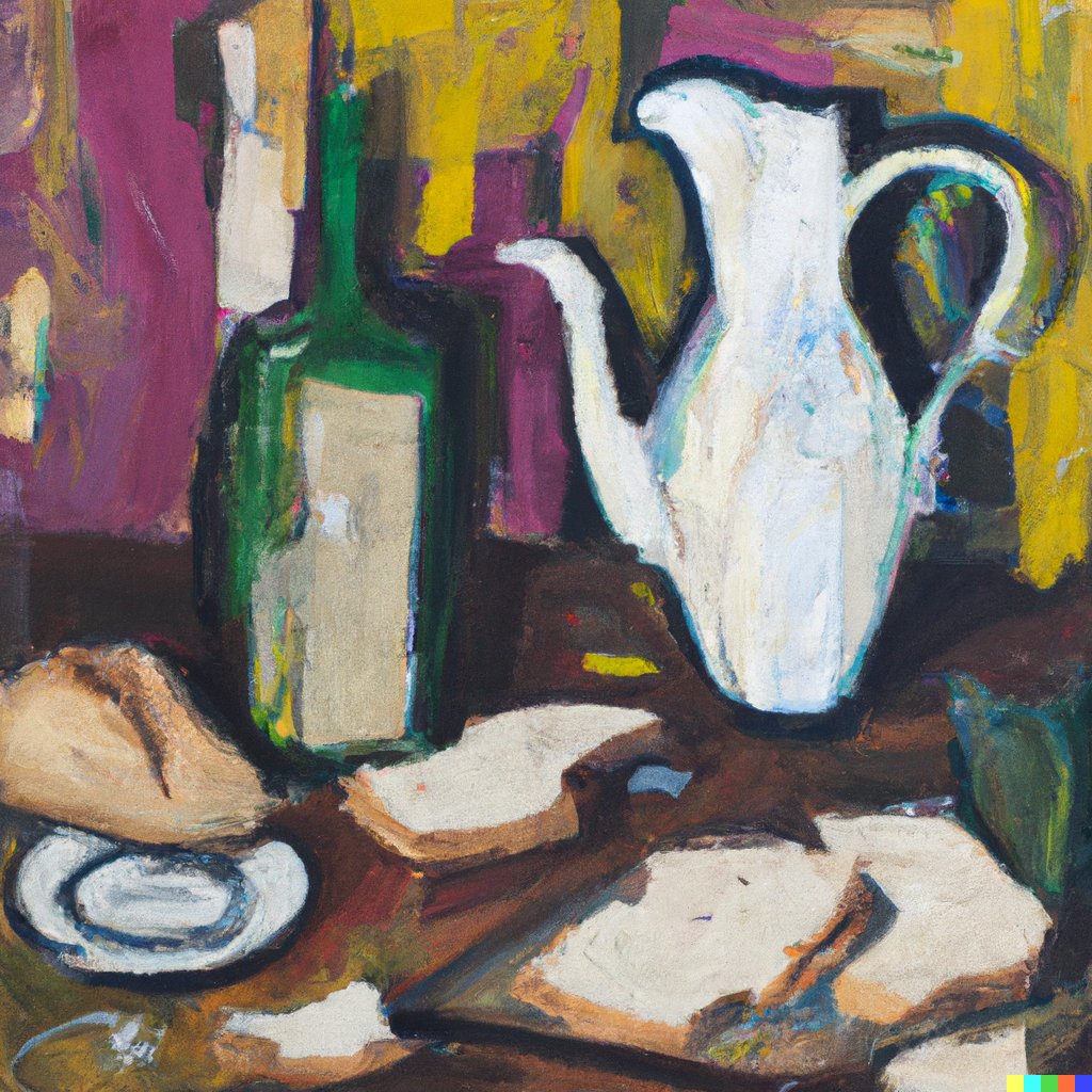 A jug of wine and a bottle of bread on a messy table, whimsical 1960s oil painting