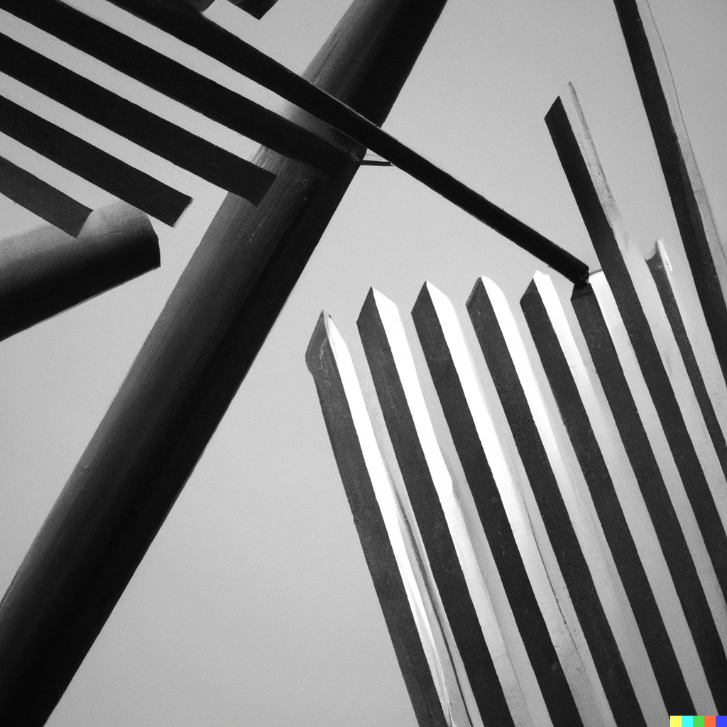 Gigantic steel sculpture, black and white photograph