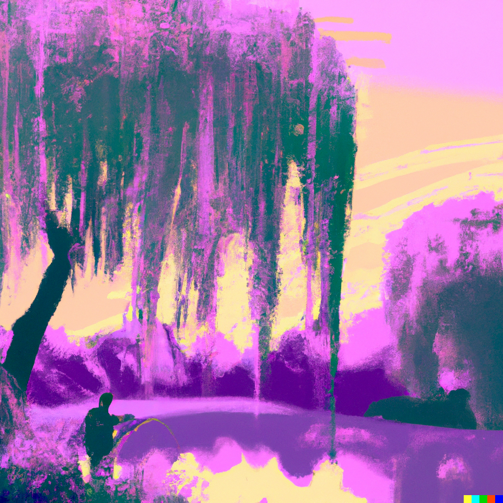 A weeping willow hanging over a lone fisherman by a pond, vaporwave