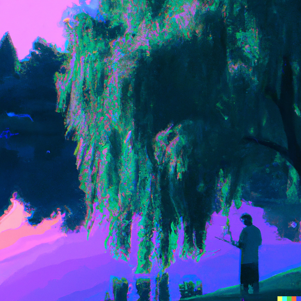 A weeping willow hanging over a lone fisherman by a pond, vaporwave