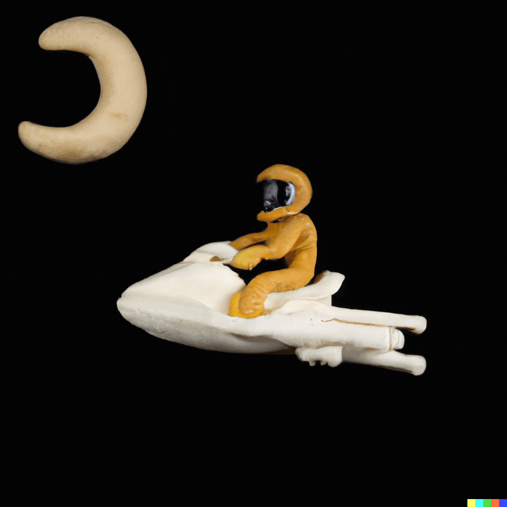 ET riding a jetski into the moon, claymation