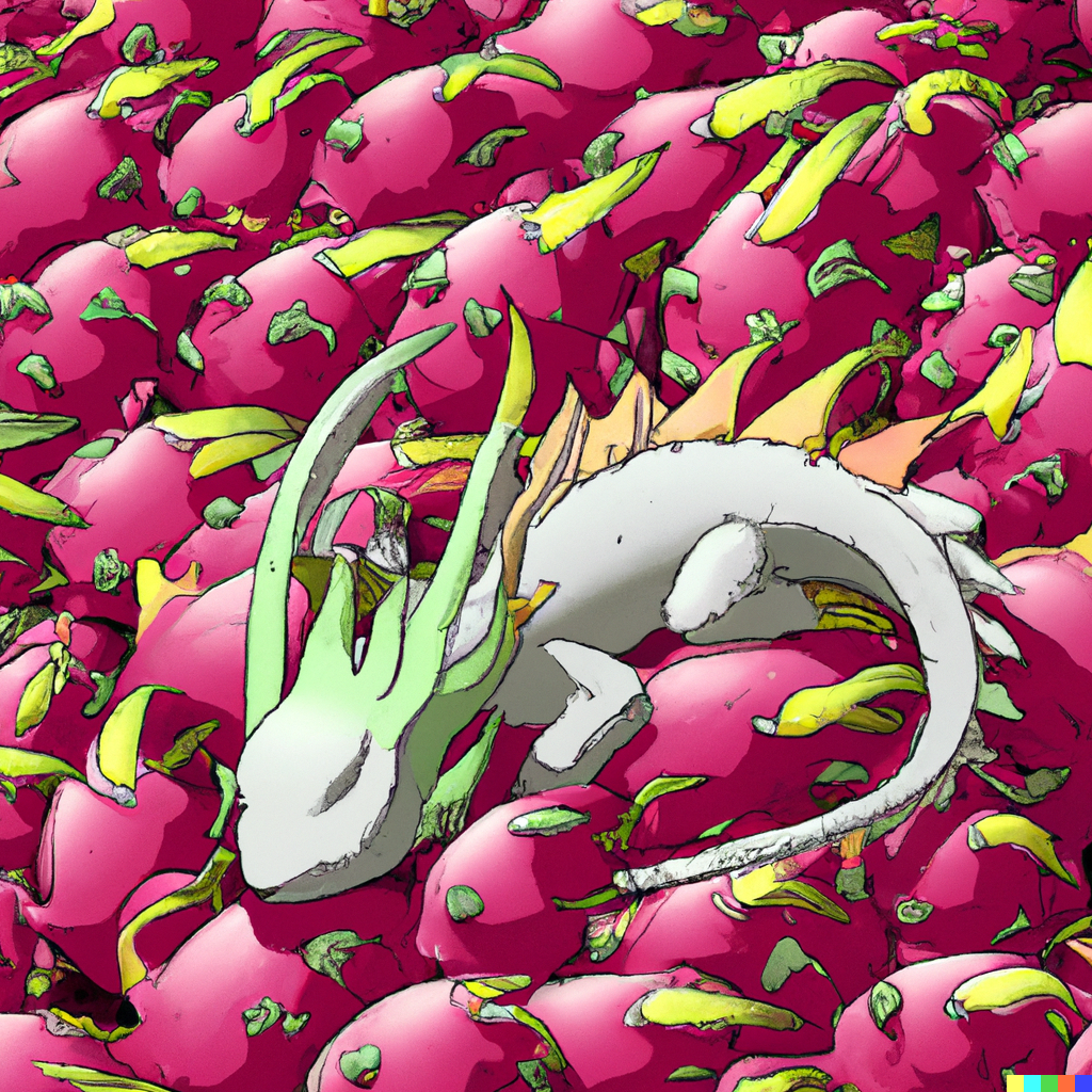 A pokemon dragon laying on a thousand dragonfruits
