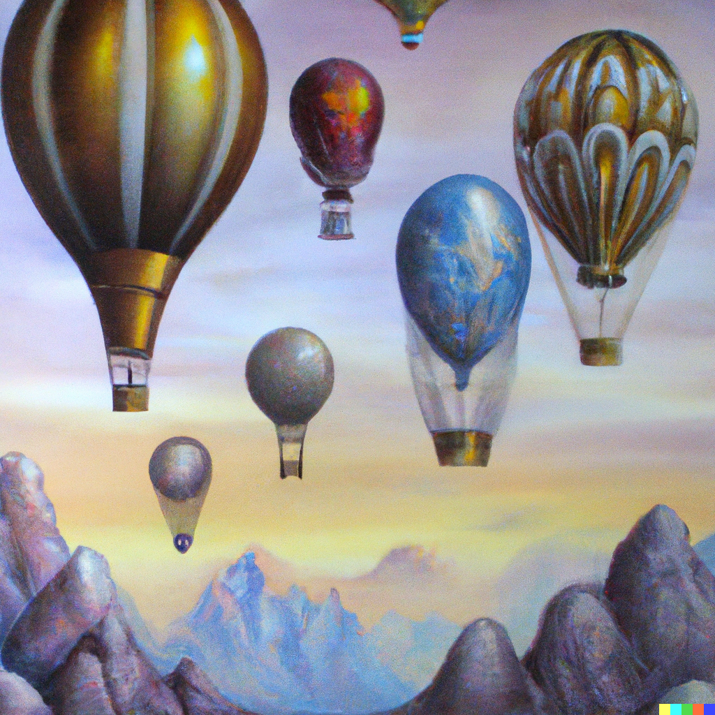 Art Nouveau painting of hot air balloons drifting over a mountain range