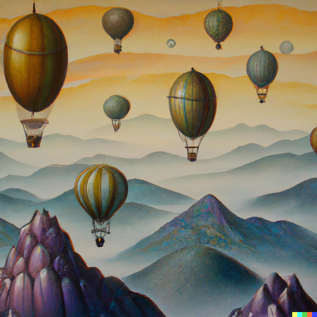 Art Nouveau painting of hot air balloons drifting over a mountain range