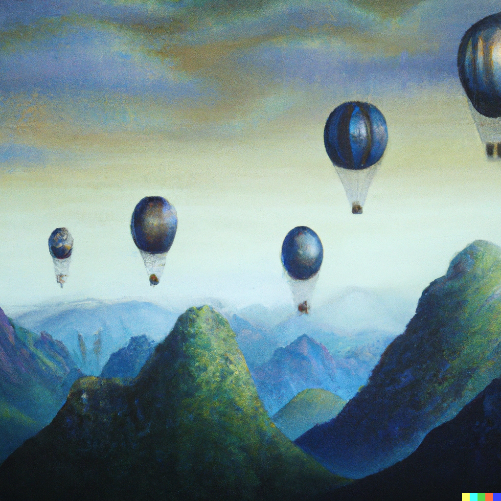 Art Nouveau painting of hot air balloons drifting over a mountain range
