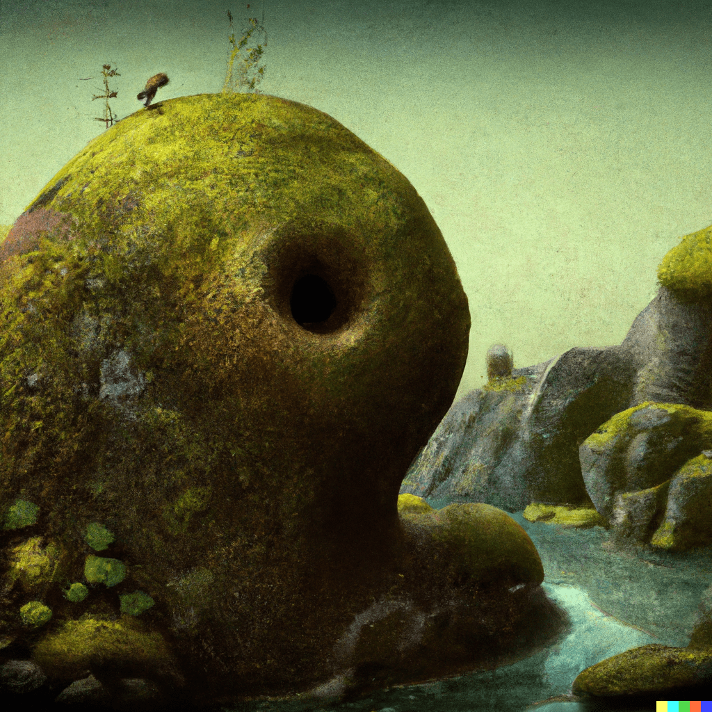 A tiny civilisation living on a mossy rock, fantasy art