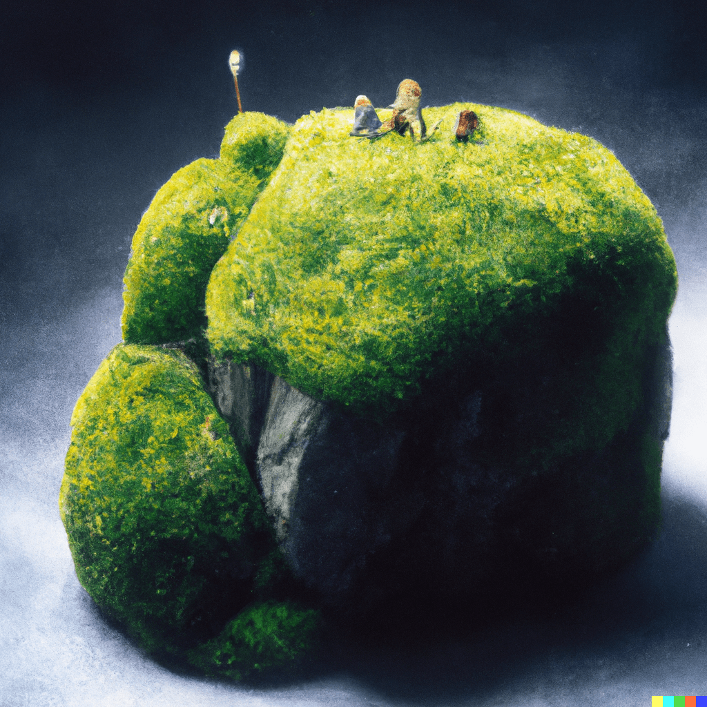 A tiny civilisation living on a mossy rock, fantasy art