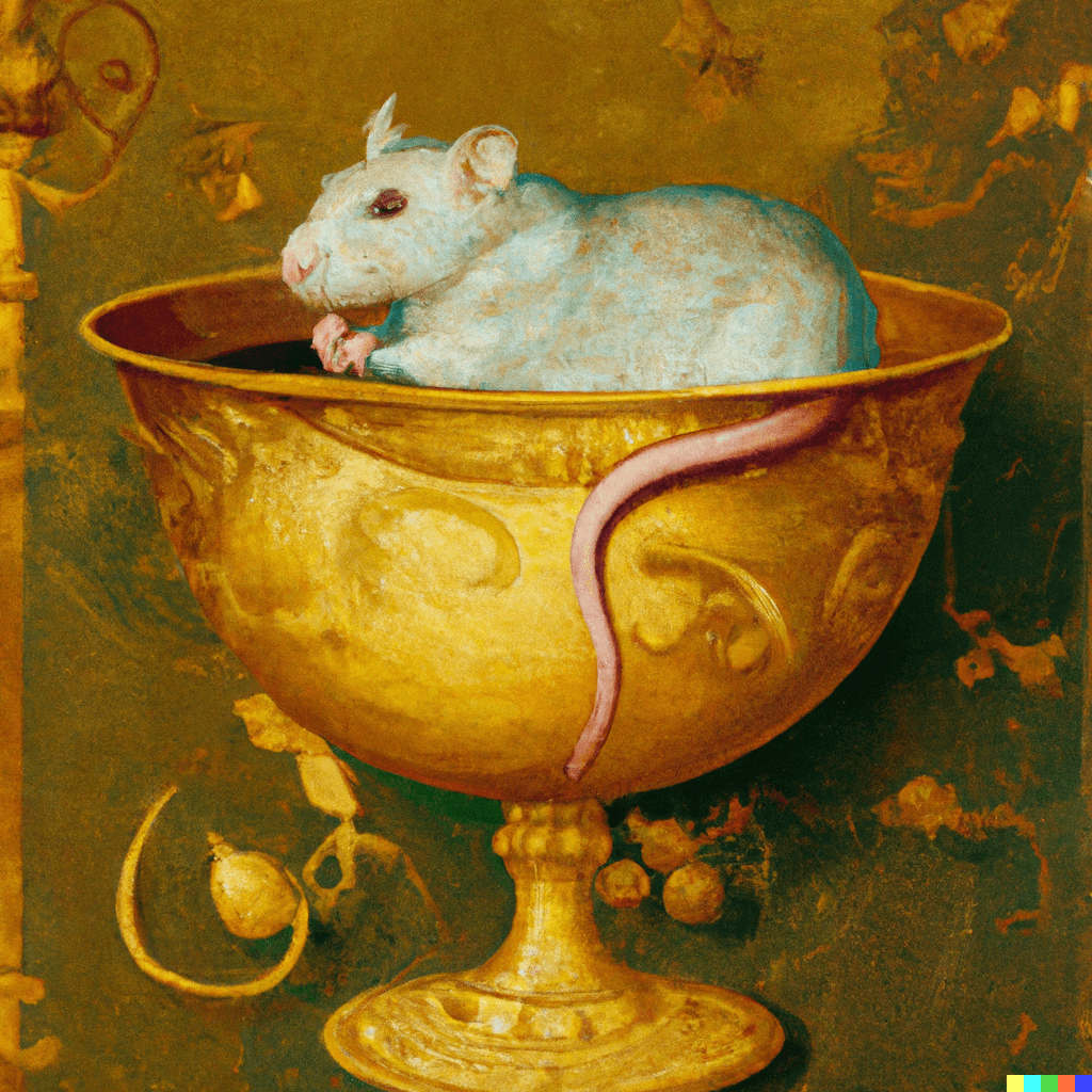 A rat swimming in a golden chalice, classical painting