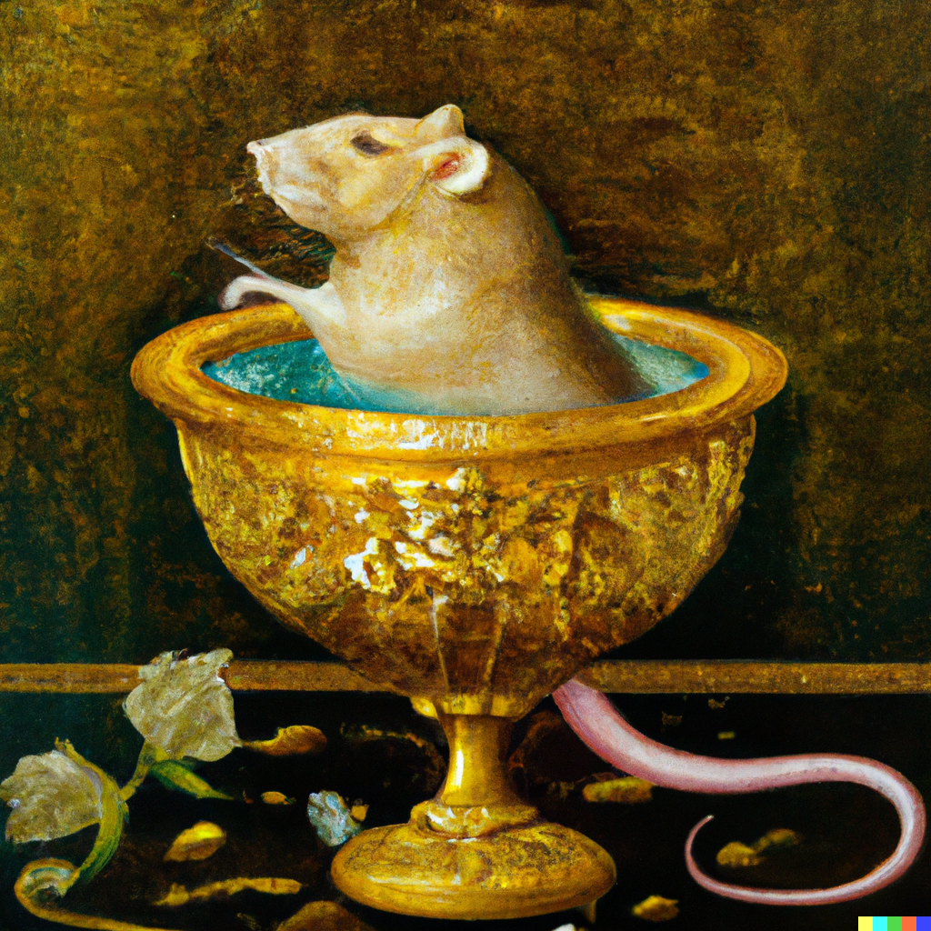 A rat swimming in a golden chalice, classical painting