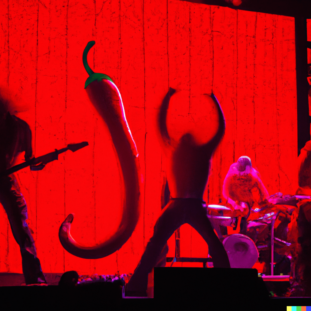 The red hot chili peppers band performing on stage indoors, where all performers are replaced by giant pepper vegetables 🌶️, dynamic and ecstatic mood, low-key, dramatic, red lighting