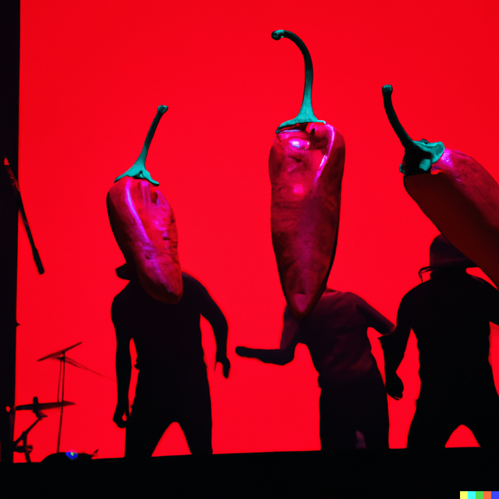 The red hot chili peppers band performing on stage indoors, where all performers are replaced by giant pepper vegetables 🌶️, dynamic and ecstatic mood, low-key, dramatic, red lighting