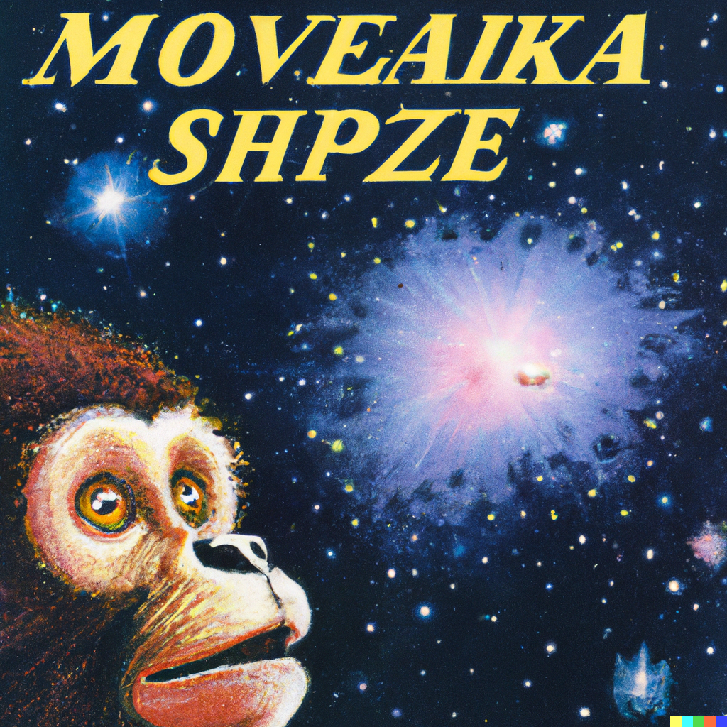 1970s movie poster of a monkey in outerspace watching a supernova