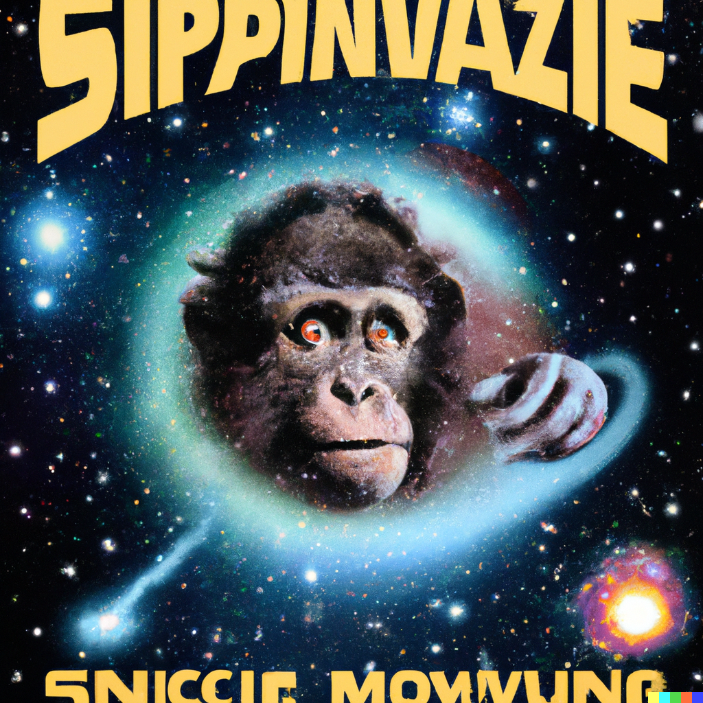 1970s movie poster of a monkey in outerspace watching a supernova