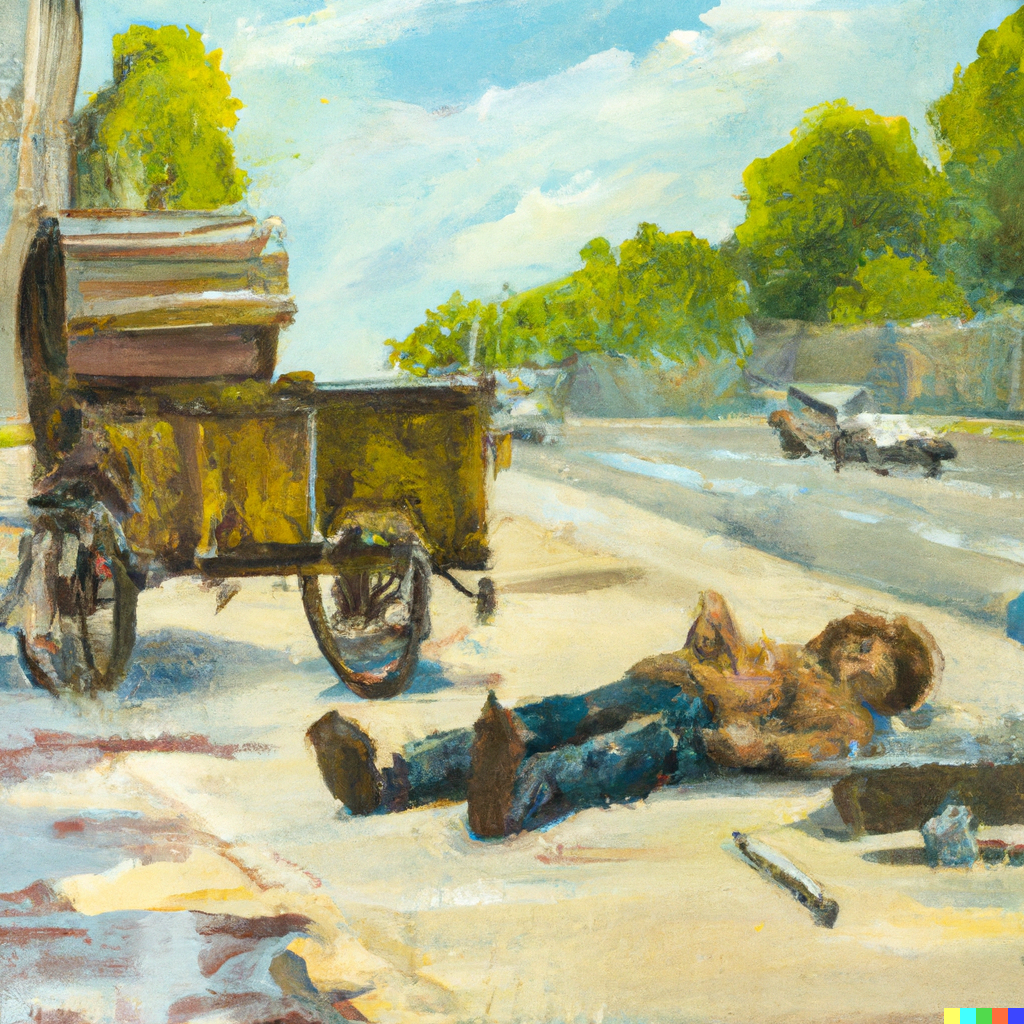 A hobo sleeping in the gutter, on a street where a bed with wheels is driving past, painting