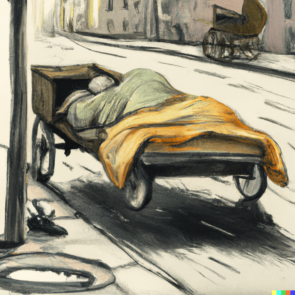 A hobo sleeping in the gutter, on a street where a bed with wheels is driving past, painting