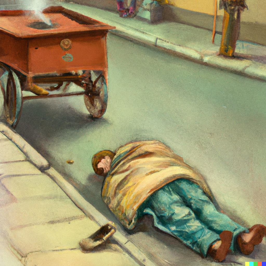 A hobo sleeping in the gutter, on a street where a bed with wheels is driving past, painting