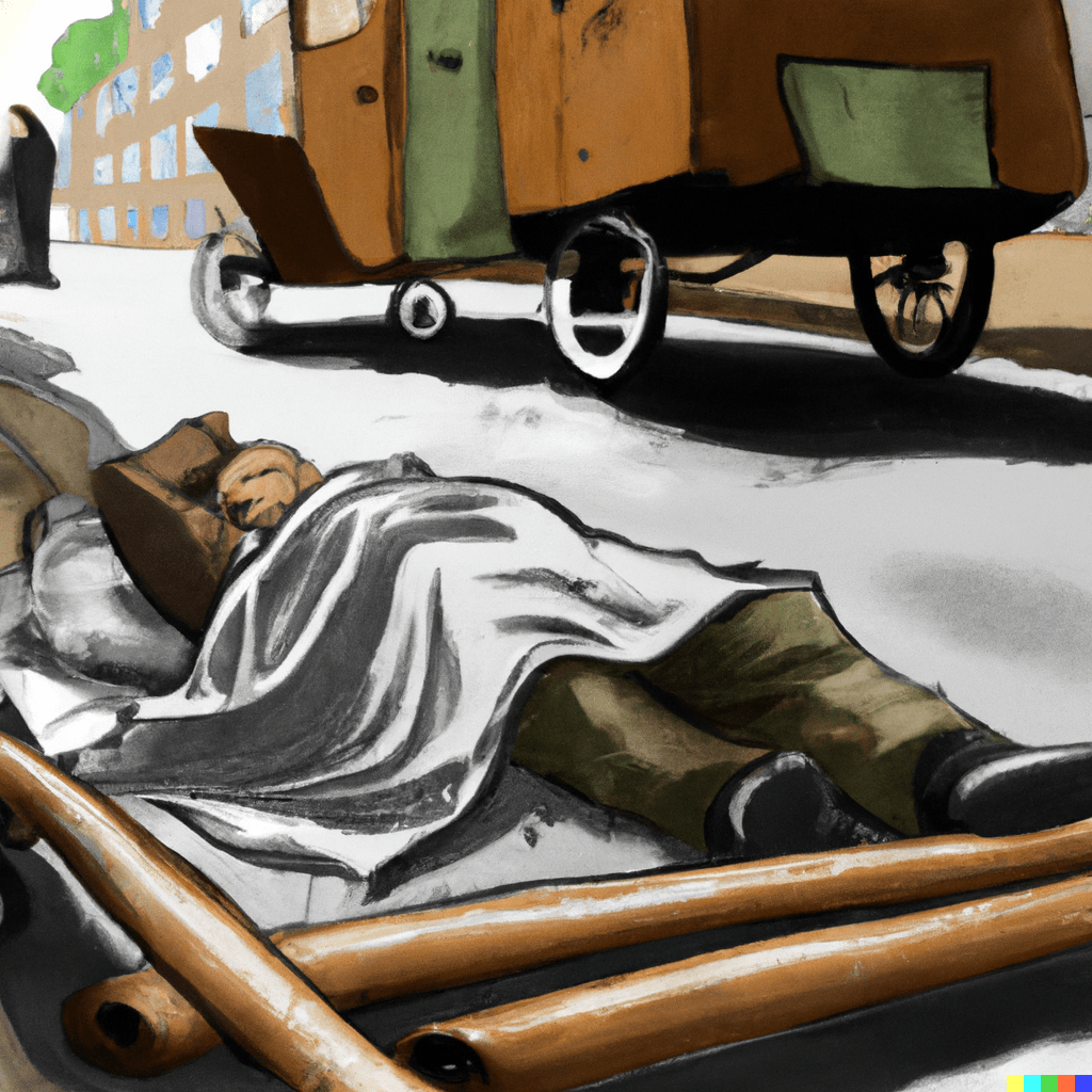 A hobo sleeping in the gutter, on a street where a bed with wheels is driving past, painting