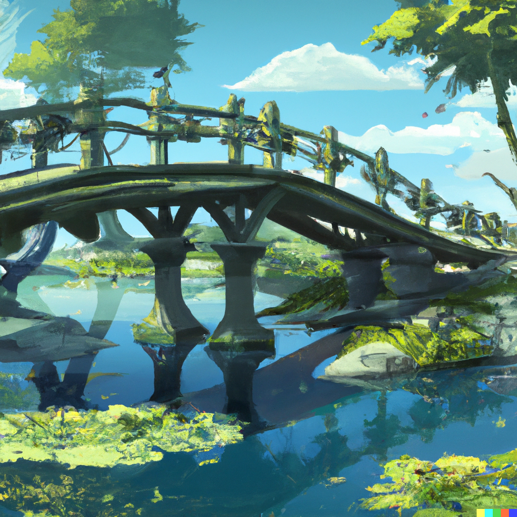 A bridge that connects two ponds, arching over land, digital art