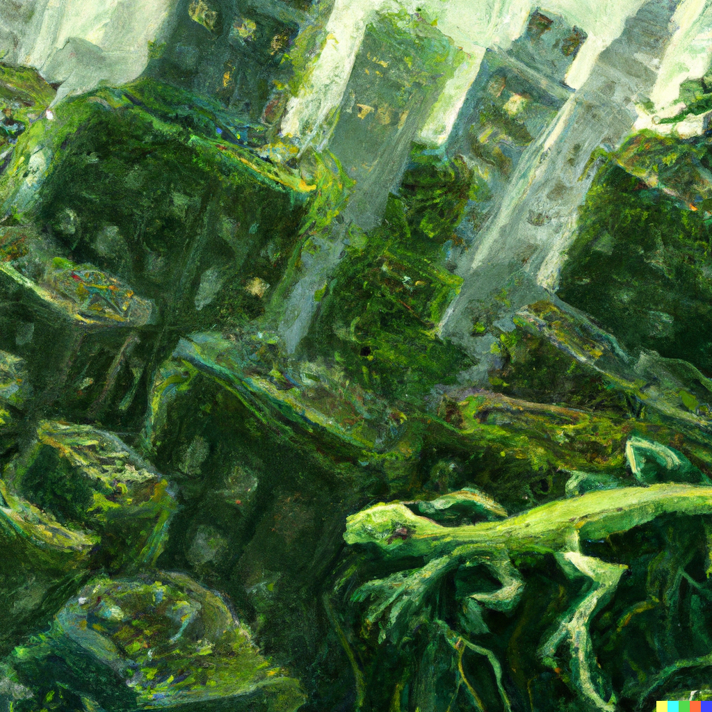 A metropolis overrun by moss and vines and lizards, fantasy art
