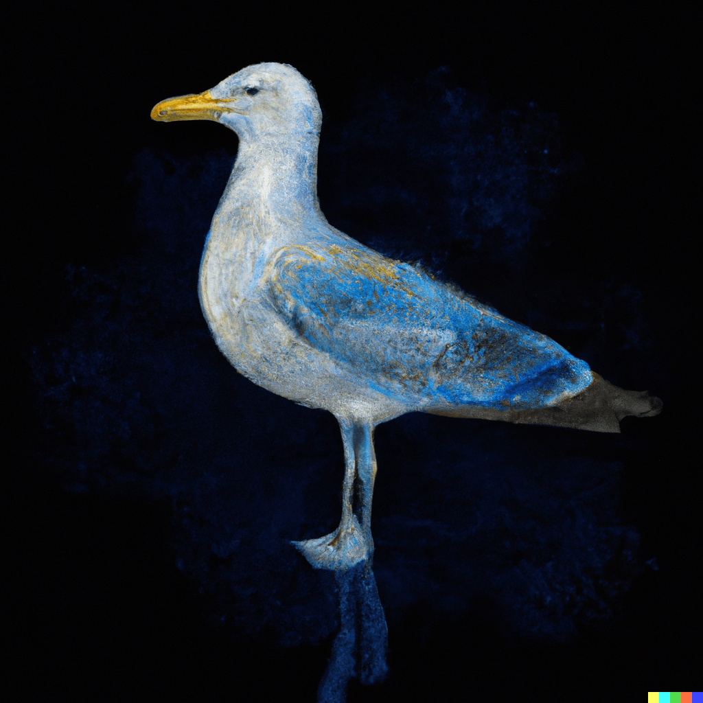 A seagull that has been dipped in blue paint, style of Audubon