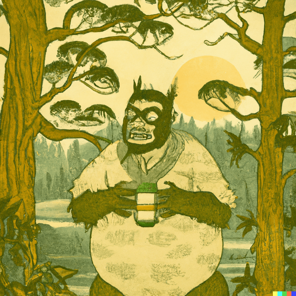 A yowie in the Australian forest with 12 beers, in the style of Hokusai
