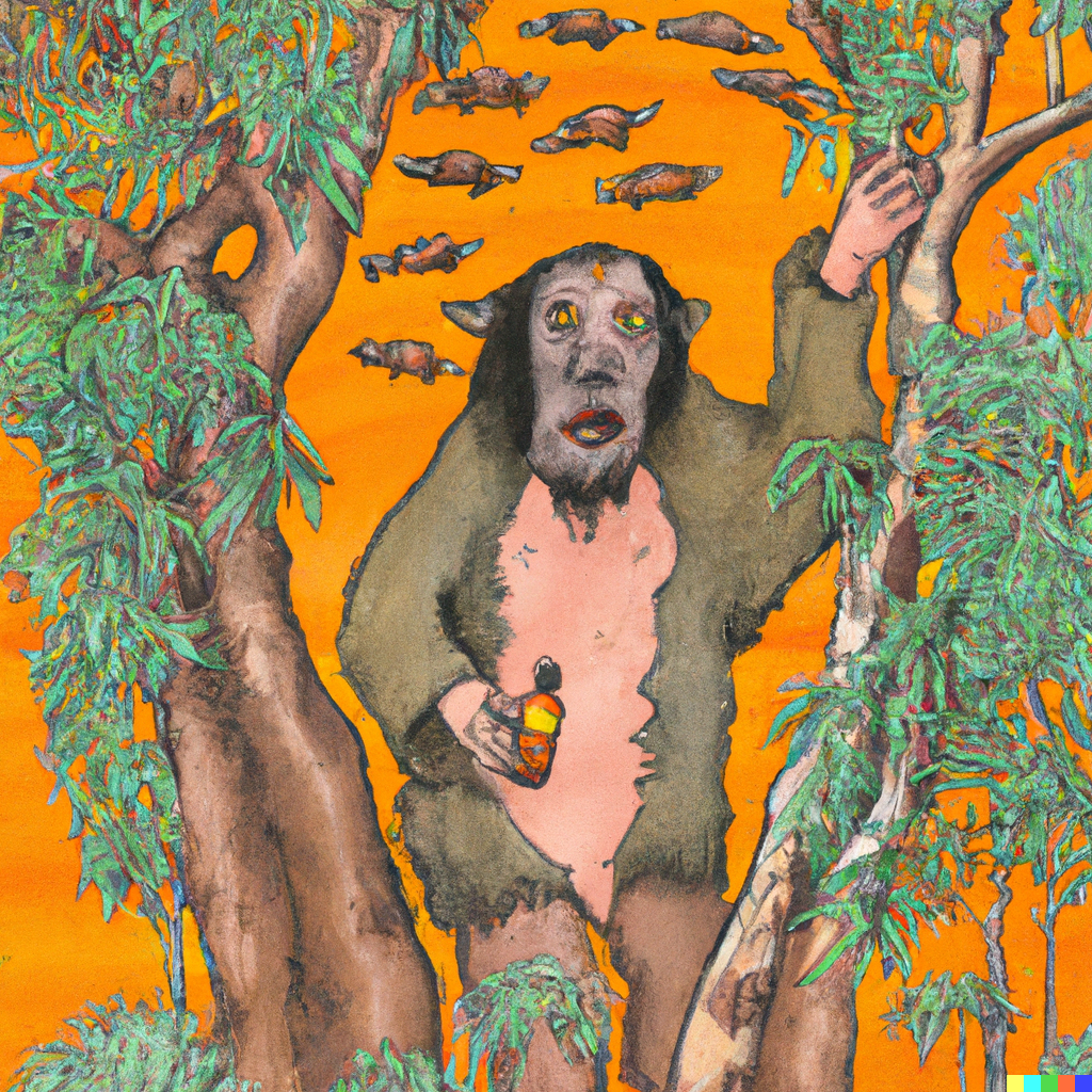 A yowie in the Australian forest with 12 beers, in the style of Hokusai
