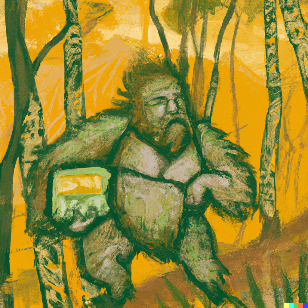 A yowie in the Australian forest with 12 beers, in the style of Hokusai