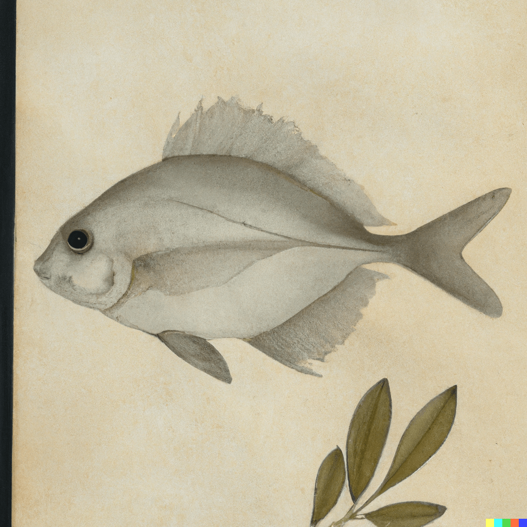 A botanical illustration of a fish on parchment paper