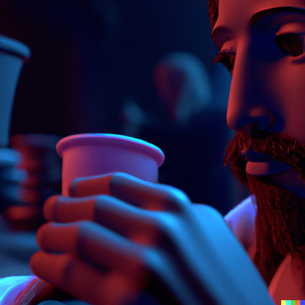 3D render of jesus drinking a babycino in a busy nightclub, close-up in a dark room with strobe lighting