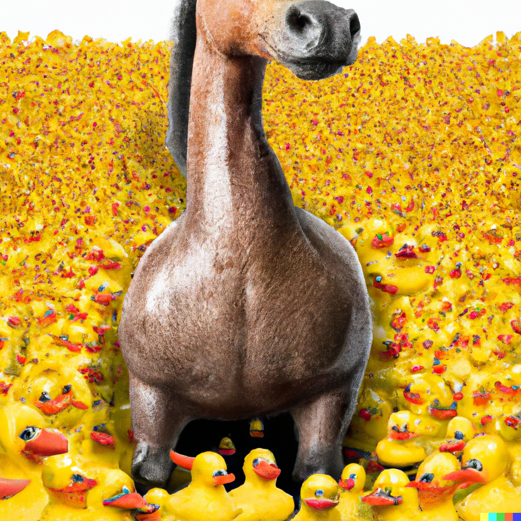 A hyper-realistic movie poster showing a giant 5ft duck surrounded by countless tiny horses