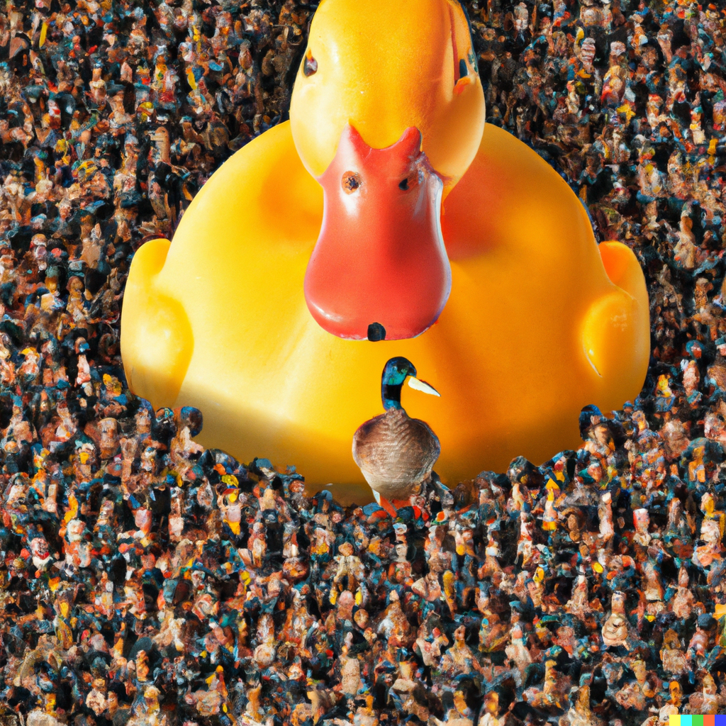 A hyper-realistic movie poster showing a giant 5ft duck surrounded by countless tiny horses