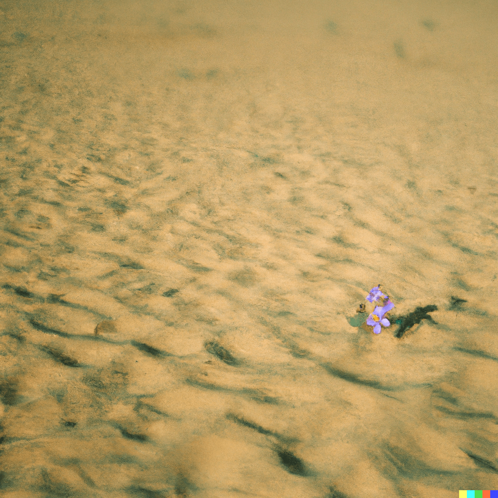 One small violet flower in the middle of an expansive sandy desert, distant film photograph in daylight f22