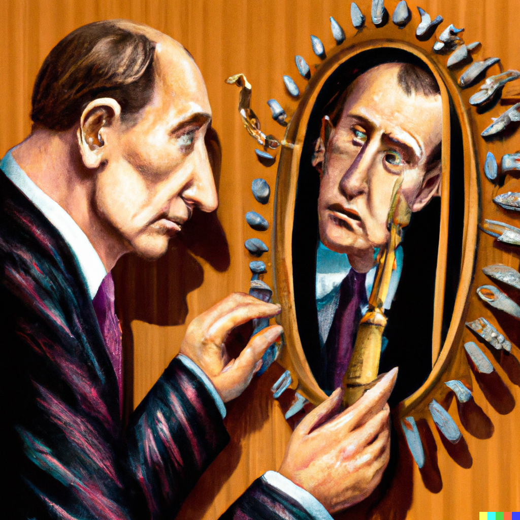 Russian president looking into the mirror, surrealist melting clocks, like Dali