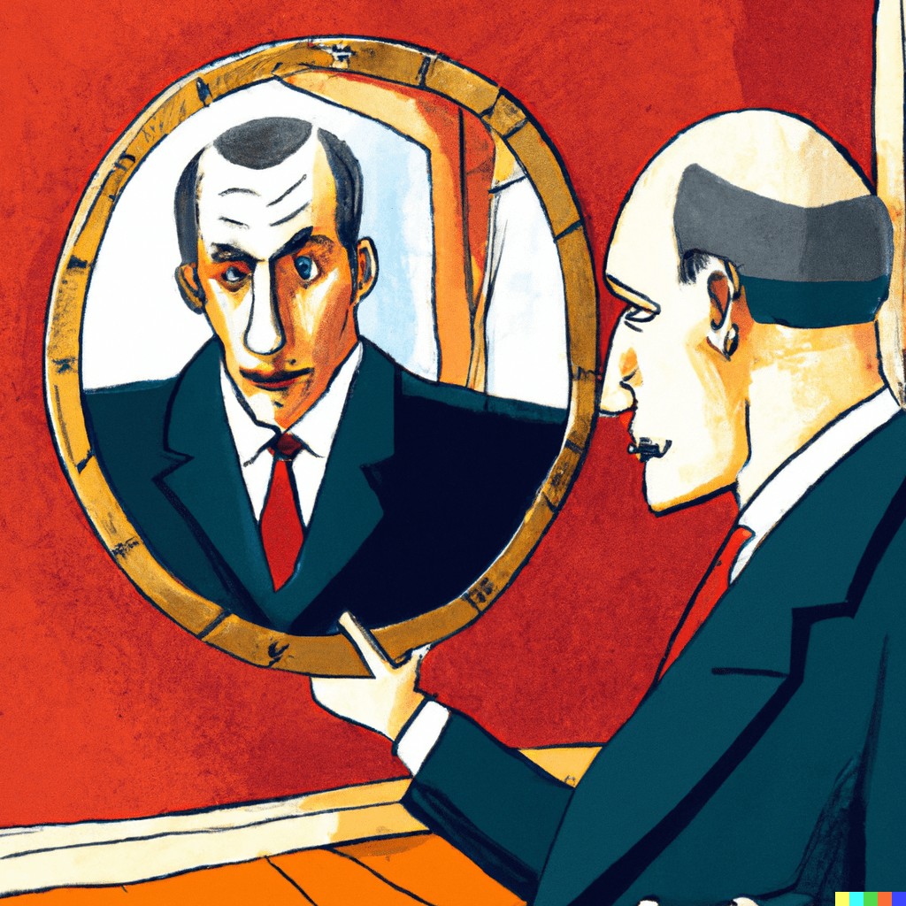 Russian president looking into the mirror, surrealist melting clocks, like Dali